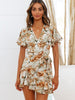 Women's Floral Print Ruffles Short Sleeve Belt Chiffon Dress Summer Sexy Deep V Neck Boho Holiday Irregular Mini Dresss