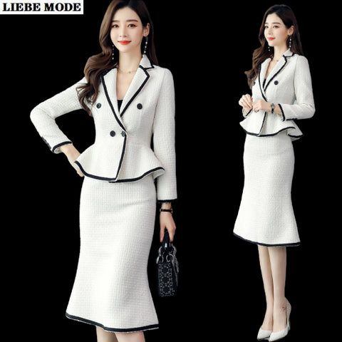 Women's Formal Tweed Skirt Suit for Women Skirt and Jacket Set 2 Piece Office Lady Autumn Winter Black White Blazer with Skirts