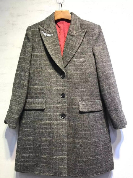 Women's Gray Long Sleeve Blazer Single Breasted Herringbone Wool Blend Wing Brooch Plaid Coat with Pockets