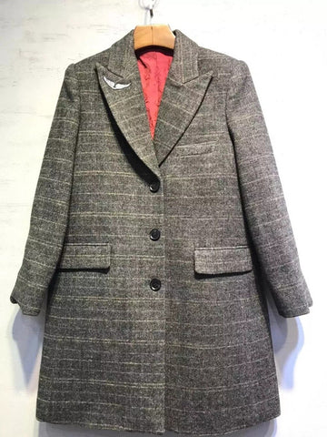 Women's Gray Long Sleeve Blazer Single Breasted Herringbone Wool Blend Wing Brooch Plaid Coat with Pockets