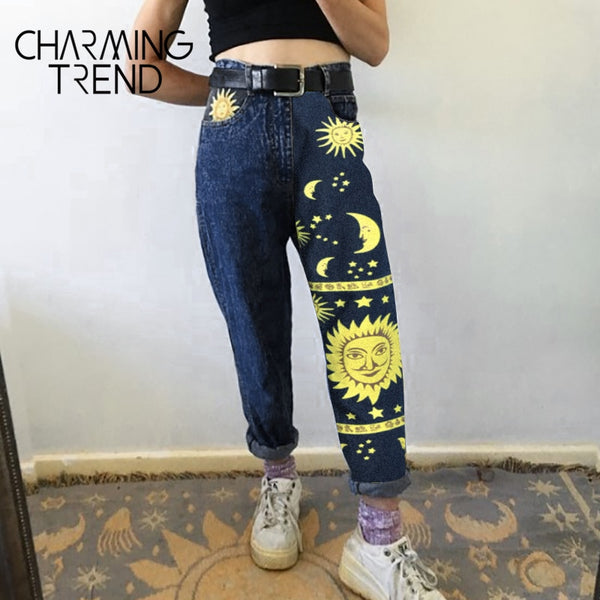 Women's High waist Pant jeans Female Summer women‘s Jeans Trousers Girls Denim Chic Moon Star Sun Print Pants Women