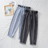 Women's High-waist Straight-leg Jeans Female Loose Slim Pants Solid Color Washed Carrot Harem Pants Trousers Free Sashes 2XL