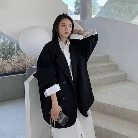 Women's Jacket Blazer Retro Double Breasted Korean Niche Feature Simple Solid Color Casual Oversized Women's Blazer Traf