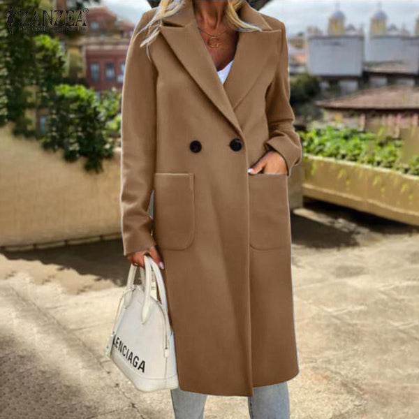 Women's Jackets ZANZEA 2022 Elegant Wool Blend Coats Casual Long Sleeve Outwears Female Double Breasted Overcoats Oversized