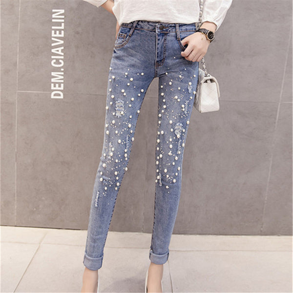 Women's Jeans 2022 New Fashion Pearled Denim Pants Pencil Pants Jeans Hole Ripped Slim Elasticity Trousers Denim