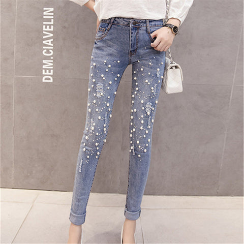 Women's Jeans 2022 New Fashion Pearled Denim Pants Pencil Pants Jeans Hole Ripped Slim Elasticity Trousers Denim