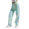 Women's Jeans Random Tie-Dye Printed Green Straight Pants High Waist Casual Wild Fitting Denim Trousers with Pocket