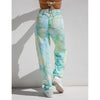 Women's Jeans Random Tie-Dye Printed Green Straight Pants High Waist Casual Wild Fitting Denim Trousers with Pocket