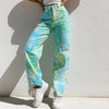 Women's Jeans Random Tie-Dye Printed Green Straight Pants High Waist Casual Wild Fitting Denim Trousers with Pocket