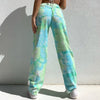Women's Jeans Random Tie-Dye Printed Green Straight Pants High Waist Casual Wild Fitting Denim Trousers with Pocket