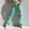 Women's Jeans Random Tie-Dye Printed Green Straight Pants High Waist Casual Wild Fitting Denim Trousers with Pocket