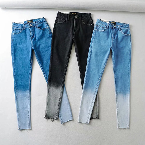 Women's Jeans High Waist Denim Trousers Female 2022 Gradient Color Stretch Slim Skinny Nine Points Pencil Pants