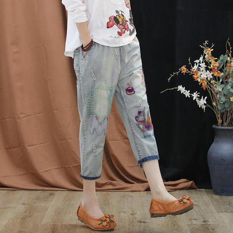 Women's Jeans Mom Jeans Boyfriend Pants Elastic Waist Retro Embroidery Seven-point Large Size Embroidery Harem Pants