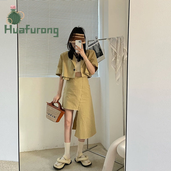 Women's Korean Style 2022 Original Design Suit Brown Summer Suit Irregular Skirt Two-piece Suit  Short Jacket