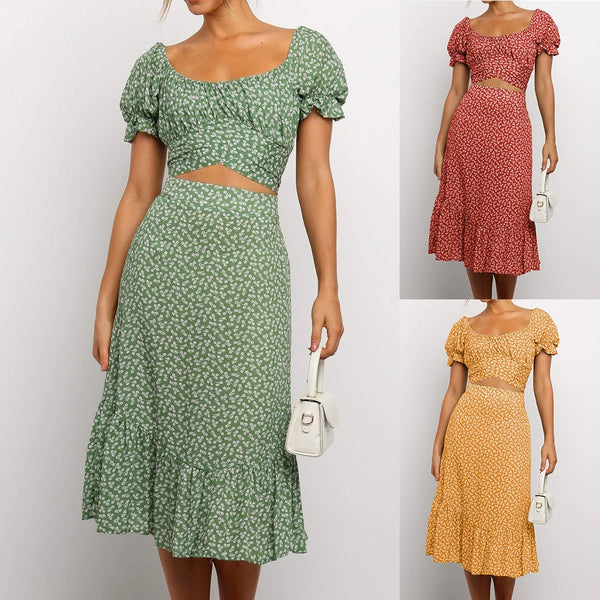 Women's Ladies Floral Print Square Collar Short Sleeve Crop Tops + Skirt Set 2 Piece Sets Women Clothing
