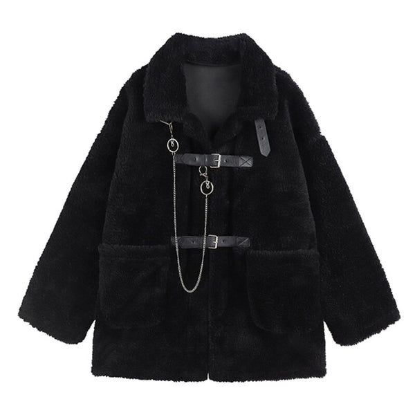 Women's Lamb Wool Thickened Jacket Harajuku Casual Female Warm Oversized Gothic Punk Ins Street Emo Black Jackets Teddy Coats