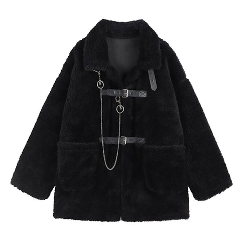Women's Lamb Wool Thickened Jacket Harajuku Casual Female Warm Oversized Gothic Punk Ins Street Emo Black Jackets Teddy Coats