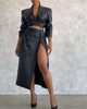 Women's Leather Skirt Suit 2023 Autumn Two-piece Set Black PU Shorts Cross Design Suit Set Side Split Skirts Suits