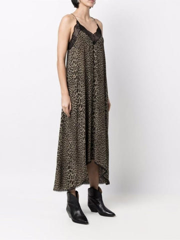 Women's Leopard Print Midi Sling Dress Lace Stitching Sleeveless Sexy V-Neck Ladies Irregular Robe 2023 Spring Summer