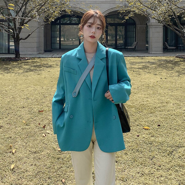 Women's Long Blazer Blazer Double Breasted Solid Suit Jacket Spring Fall Loose Female Overcoat 2023 Casual Formal Blazer