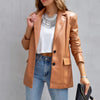Women's Long Sleeve Leather Suit Outwear 2023 Casual Loose PU Coats Elegant Turn-down Collar Pocket Loose Blazer Jackets
