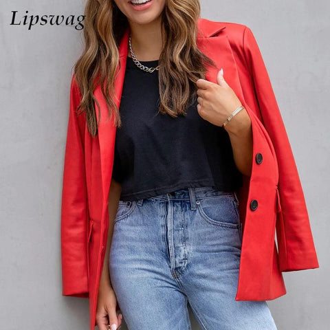 Women's Long Sleeve Leather Suit Outwear 2023 Casual Loose PU Coats Elegant Turn-down Collar Pocket Loose Blazer Jackets