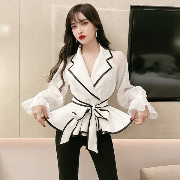 Women's Notched Shirt Chiffon Spring Autumn Sashes Ruffled Waist Tops Coat Short Lacing blouse office Long sleeves summer