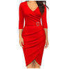 Women's Office Lady  Formal Dress Elegant Pencil Dress Retro V-neck Long Sleeve Self Belted Wrap Stretchy Work Dresses Vestido