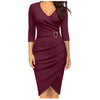 Women's Office Lady  Formal Dress Elegant Pencil Dress Retro V-neck Long Sleeve Self Belted Wrap Stretchy Work Dresses Vestido