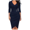 Women's Office Lady  Formal Dress Elegant Pencil Dress Retro V-neck Long Sleeve Self Belted Wrap Stretchy Work Dresses Vestido