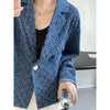 Women's One Button Oversized Tweed Denim Blue Coat Women's Casual Thin Long Sleeve Blazer