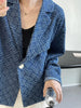 Women's One Button Oversized Tweed Denim Blue Coat Women's Casual Thin Long Sleeve Blazer