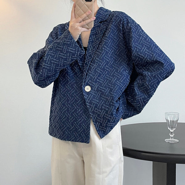 Women's One Button Oversized Tweed Denim Blue Coat Women's Casual Thin Long Sleeve Blazer