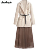 Women's Oversize Two Pieces Set Spring Autumn Office Lady Graceful Suit Coats+Pleated Mesh Skirts Sets 2023 Working Clothing