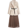 Women's Oversize Two Pieces Set Spring Autumn Office Lady Graceful Suit Coats+Pleated Mesh Skirts Sets 2023 Working Clothing