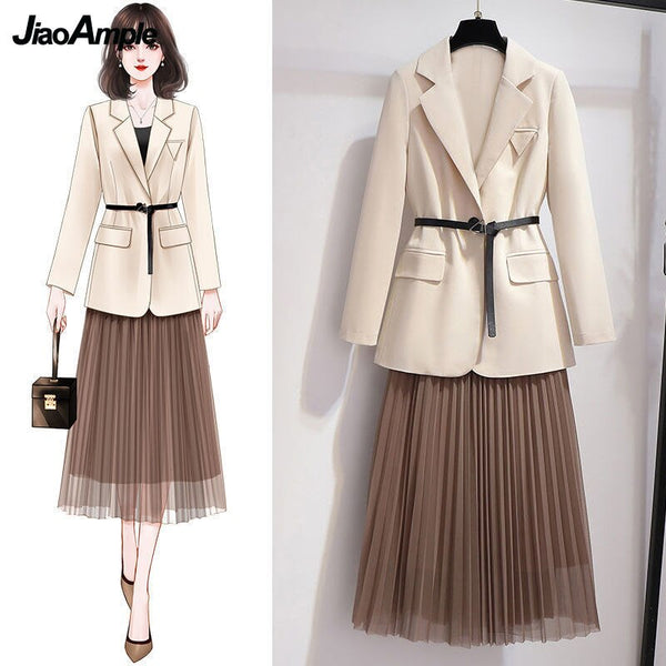 Women's Oversize Two Pieces Set Spring Autumn Office Lady Graceful Suit Coats+Pleated Mesh Skirts Sets 2023 Working Clothing