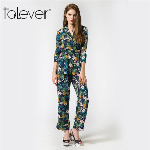 Women's Pineapple Print Long Pants Jumpsuit Elegant Loose Female Romper with Sashes Casual Lady Party Playsuits Overalls Talever