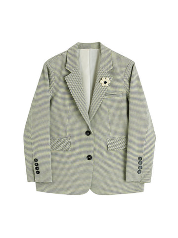 Women's Plaid Office Ladies Single Breasted Blazer Vintage Coat Baggy Lapel Long Sleeve Flower Decorate Outerwear Hipster Top