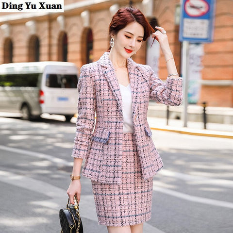Women's Plaid Tweed Suits Autumn Winter Formal Jacket Coat Skirts Suits for Women Vintage Office 2 Piece Blazer Set with Skirt