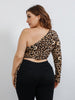 Women's Plus Size 4xl Cropped Tops Summer 2023 One Shoulder Skew Collar Leopard Belt Sexy Blouses Curvy Oversized Ladies T Shirt