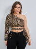 Women's Plus Size 4xl Cropped Tops Summer 2023 One Shoulder Skew Collar Leopard Belt Sexy Blouses Curvy Oversized Ladies T Shirt