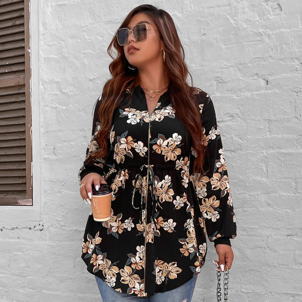 Women's Plus Size Autumn Winter Trench Coats 2023 Floral Print Black Female Overcoat Elegant Jackets Ladies Oversized Clothing
