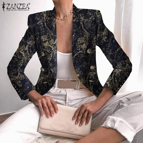 Women's Printed Blazer ZANZEA Oversized 2022 Spring Autumn OL Coats Casual Solid Long Sleeve Outwears Loose Streetwears