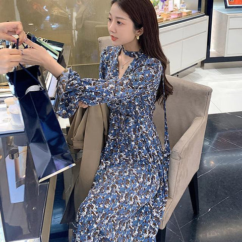 Women's Printed V-neck plus Size Chiffon Long Sleeves Midi Dress Woman Dress Vestido De Mujer Femme Robe