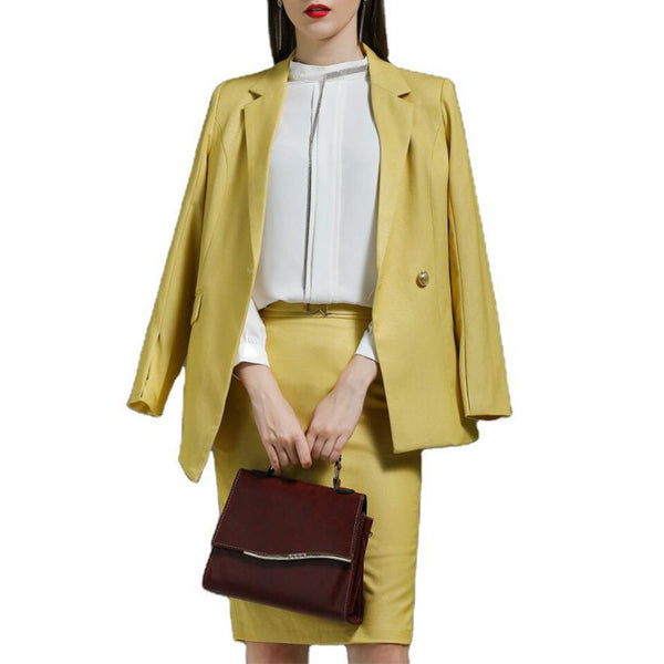 Women's Professional Wear Suit Jacket Plus Skirt Lapel A Buckle Yellow Anti-Wrinkle Fabric Slim Suit Personality Style