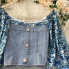 Women's Retro Suit Floral Puff Sleeve Stitching Denim Top Short Skirt Two-Piece Sets Female Slim