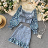 Women's Retro Suit Floral Puff Sleeve Stitching Denim Top Short Skirt Two-Piece Sets Female Slim