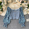 Women's Retro Suit Floral Puff Sleeve Stitching Denim Top Short Skirt Two-Piece Sets Female Slim
