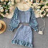 Women's Retro Suit Floral Puff Sleeve Stitching Denim Top Short Skirt Two-Piece Sets Female Slim
