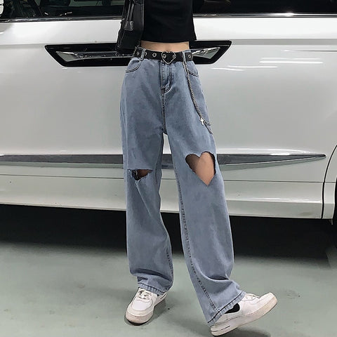 Women's Ripped Jeans 2022 Y2K Streetwear Vintage High Waist Wide Leg Pants Harajuku Girl Trend Straight Baggy Denim Trouser